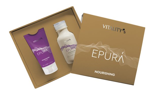 Epura Nourishing travel size hair products for damaged hair.
